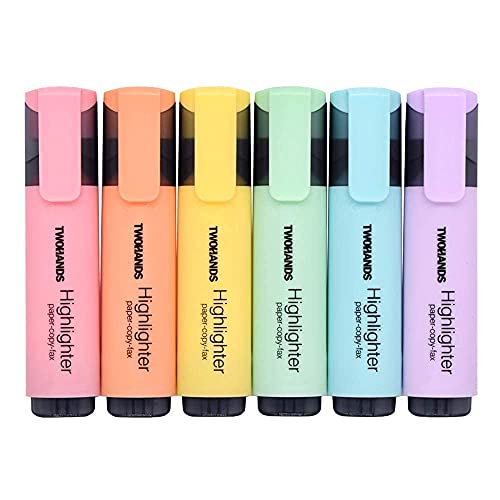 TWOHANDS Highlighter,Chisel Tip Marker Pen,6 Assorted Pastel Colors, for Adults & Kids,with Large Ink Reservoir for Extra Long Marking Performance 20079