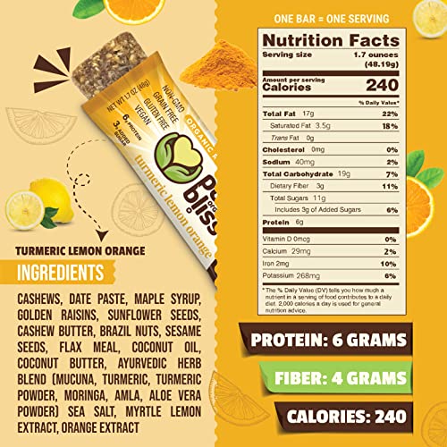 Organic Real Food Bars (Turmeric Lemon Orange) Grain Free - Paleo Friendly - Non-GMO, Gluten Free, Vegan, Nutrition Bars, Super Food Energy Bars, Ayurvedic & Adaptogen Herb Blend, Healthy Snack, Breakfast Bars, Dairy Free, Soy Free, Pure Bliss Organics (1 - Image 5