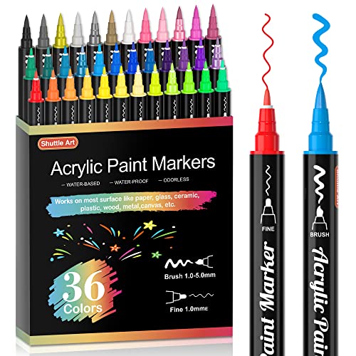 Shuttle Art 36 Colors Dual Tip Acrylic Paint Markers, Brush Tip and Fine Tip Acrylic Paint Pens for Rock Painting, Ceramic, Wood, Canvas, Plastic, Glass, Stone, Calligraphy, Card Making, DIY Crafts