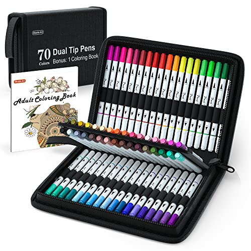 Dual Tip Brush Pens Art Markers, Shuttle Art 70 Colors Fine and Brush Dual Tip Markers Set in Portable Case with 1 Coloring Book for Kids Adult Artist Coloring Calligraphy Journal Doodling Writing